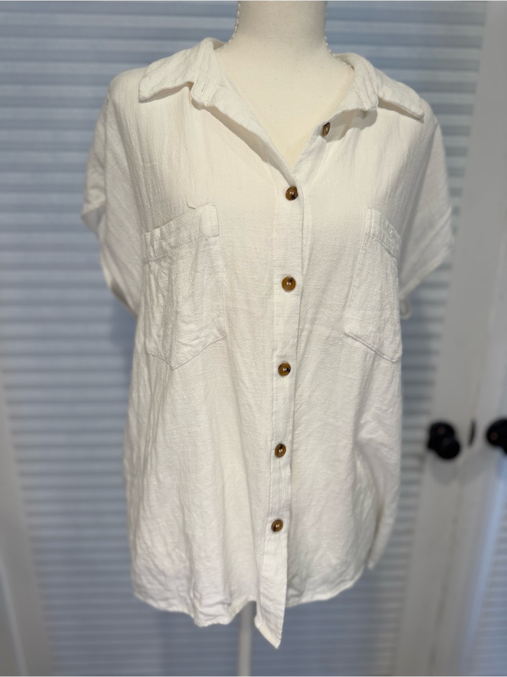 Walter Baker White Crinkle Gauze Short Sleeve Button Down Blouse Top - L 1185